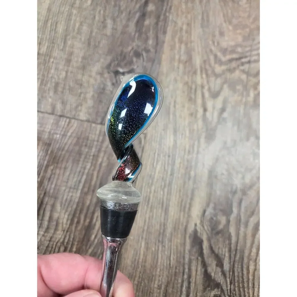 Hand- Blow Glass Art Colored Wine Bottle Stoppers Silver Metal Lot of 5
